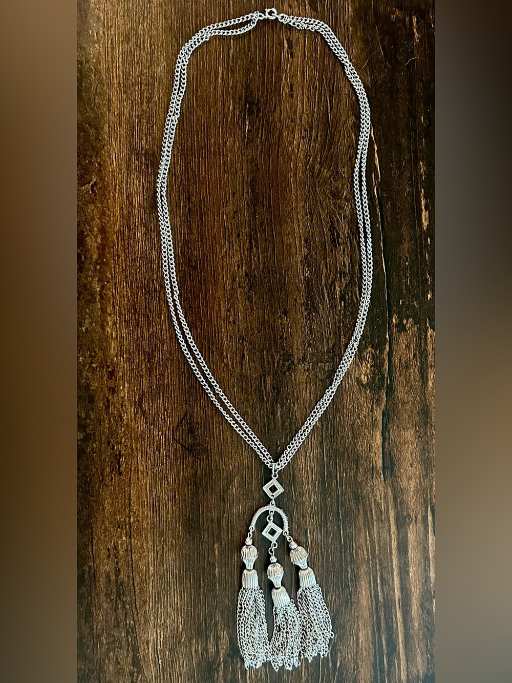 Silver Double-Chain Drop Tassel Necklace